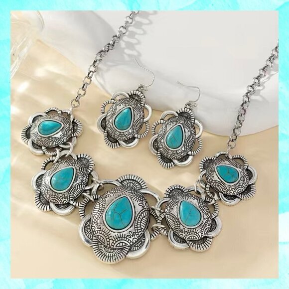 Faux Turquoise and Silver Concho Chain Necklace and Earrings Set (#1122) - Picture 1 of 7